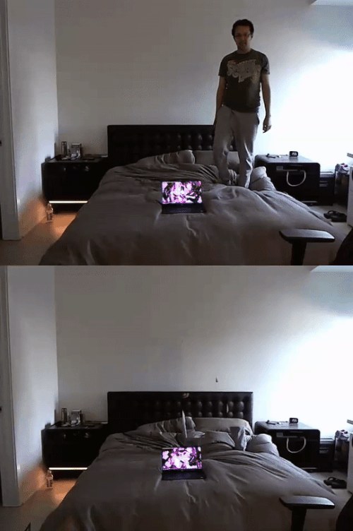 A still from Jason Mayes' Real-Time Person Removal demo: top frame shows a person standing in a bedroom, bottom frame shows the same room with the person removed