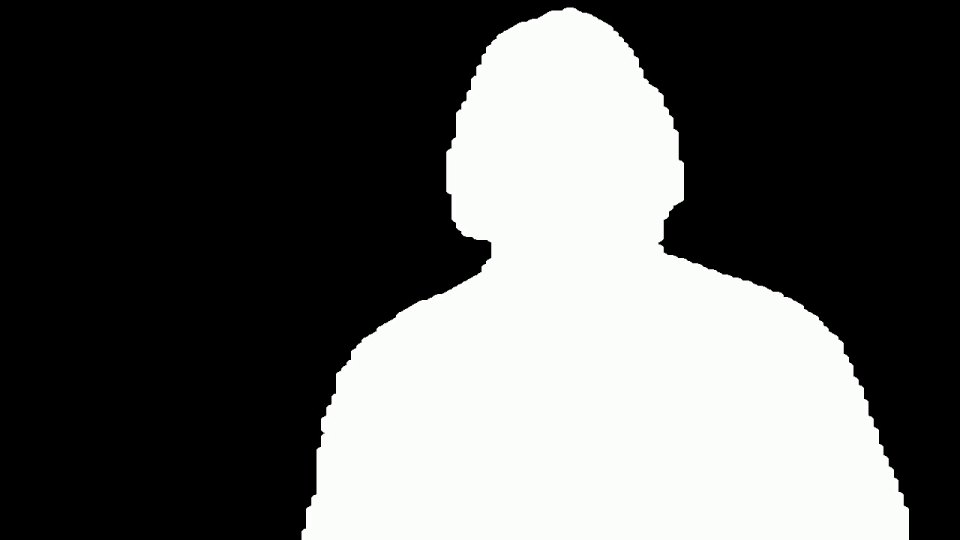 The subject mask: a white silhouette of the presenter isolated from the scene
