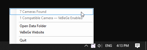 VeBeGe's system-tray menu showing '7 Cameras Found' and '1 Compatible Camera — VeBeGe Enabled'