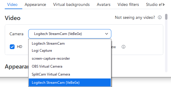 Zoom's camera picker with 'Logitech StreamCam (VeBeGe)' selected from the dropdown